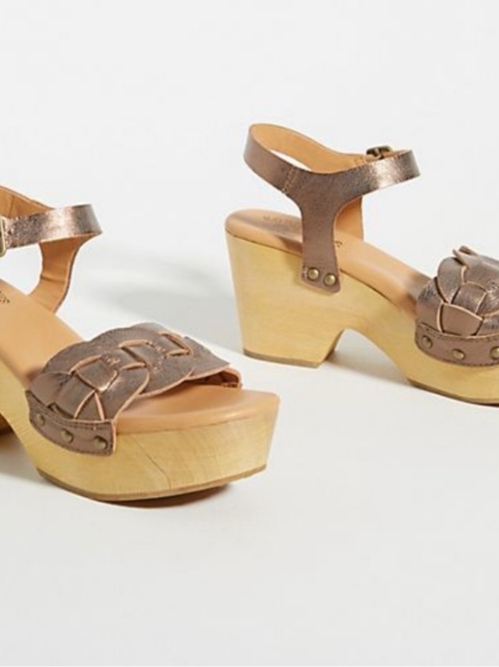 Kork-Ease Metallic Bronze Leather Woven Wooden Platform Sandals Size 7M